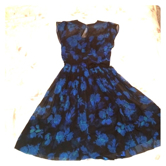 I.Magnin & co Blue Flower Chiffon Dress. - Picture 1 of 8